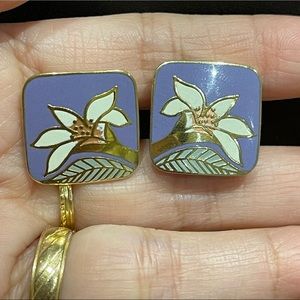 Vtg Laurel Burch “Wild Lily” Earrings Purple White Pink Spring Flowers Clip on
